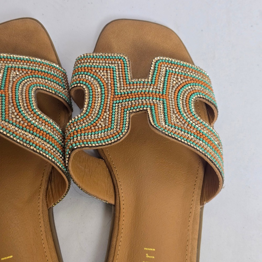 Madden Girl Womens Beaded H-Band Slide Sandals Orange Turquoise Rhinestone 8.5 - Picture 5 of 8